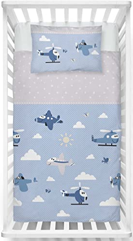 LINKHOFF Fein-Biber Babybettwäsche Set 100 x 135 Jungen | Kinderbettwäsche 100x135 in Blau mit Flugzeuge | Kuschelige Winter Bettwäsche für Babys aus 100% Baumwolle