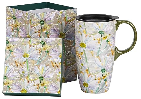 DUSVALLY Ceramic Mug Large Coffee Cup Tall Mugs Porcelain Latte Tea Cup with Lid 17oz,Daisy