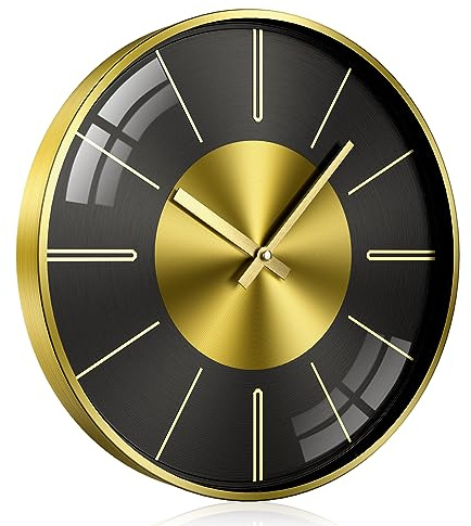 TOKTEKK Aluminium Wall Clock 30.48cm Black Gold Scale | Silent Non Ticking/Modern/Round/Decorative Clock/Battery Operated/Living Room Bedroom Kitchen Office Home Decor
