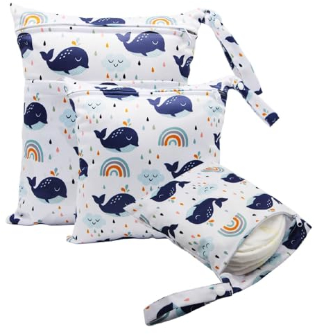 FYting 3 Stück Wetbag,Wetbag Kindergarten,Nasstasche,Windeltasche für Unterwegs,Wiederverwendbarer, Wasserdicht, mit Reißverschluss, zum Schwimmen, Camping, Reisen, Fitness, Strand (Wal)