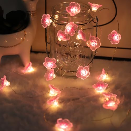 Auting Guirlande lumineuse LED décorative en fleurs de cerisier 2 m Avec 20 piles LED Avec fonction de minuterie - Décoration printanière pour l'intérieur, le jardin, les arbres, la terrasse - 1