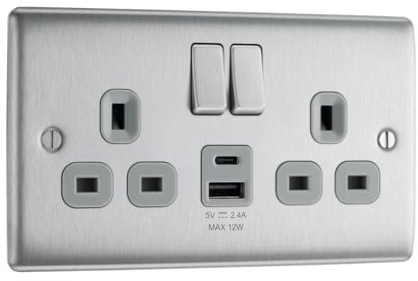 BG Electrical 12W Double Switched Power Wall Plug Socket with Type A and Type C USB Charging Ports, Nexus Metal, Brushed Steel, Grey Inserts, 13A, NBS22UAC12G