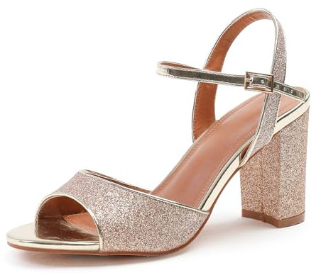Fashion Thirsty Womens Block Heels Glitter Sandals Ankle Strap Ladies Sparkly Wedding Bridal Prom Graduation Heel Shoes Evening Party Occasion Comfy Heeled Open Toe Strappy Dress Wide Fit Sandals