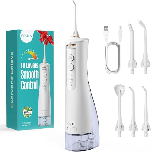 COSLUS E40 Professional Water Dental Flosser, 10 Pressure Levels Easy Use | Water Dental Pick, Safe for Orthodontic, Braces & Sensitive Teeth Gums, Cordless for Travel, Family Use, 5 jet tips, White