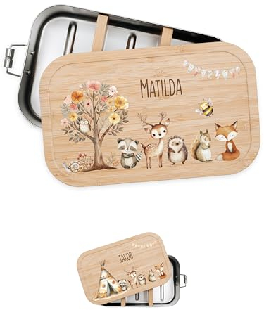 Bärenfreunde® - Personalisierte Brotdose für Kinder mit Spezial-Druck - Robuste Edelstahl Brotdose - Personalisierte Geschenke für Kinder & Erwachsene (Blumenbaum Tiere,klein Weißblech)