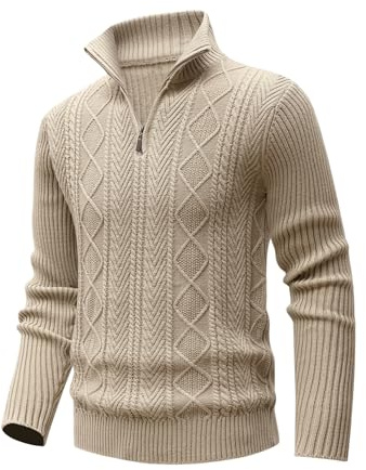 MeiLayM Suéter para Hombre con Cuello Alto con Cremallera Caliente Suéter Casual Cálido Clásico con Cremallera Suéter Jersey de Punto Fino Pulóver Caqui,L