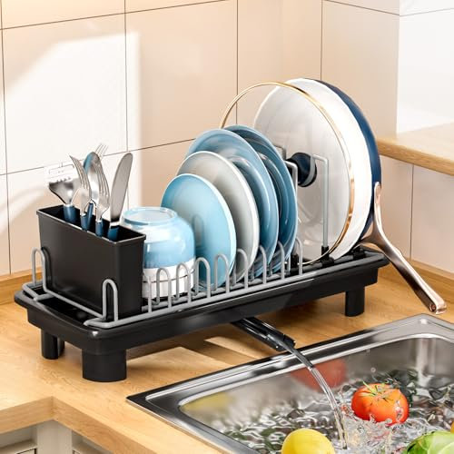 SanDream Small Dish Drying Rack with Removable Utensil Holder & Anti-Scratch Base - Stainless Steel Dish Rack, Dish Drying Rack with Drainage & Space Saving Design for Kitchen Counter, Black