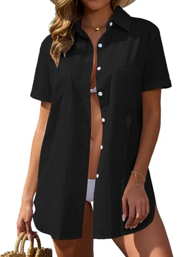Vancavoo Strandöverdrag Dam Strandklänning Maxi Lång Skjorta Bomull Klänning Sommar Skjorta Täcker Strand Baddräkt Lös Avslappnad Bikini Cover Up, Svart, XL