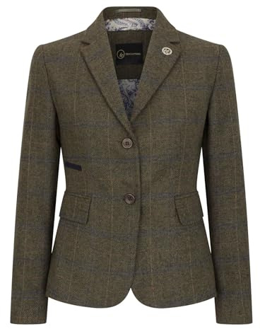 TruClothing Gilet blazer da donna in tweed misto lana verde oliva a scacchi a spina di pesce, Blazer verde oliva, 52