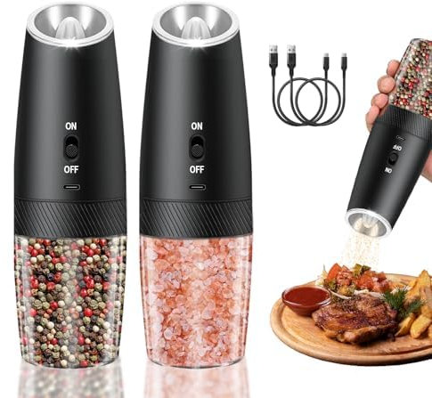 XWXO Gravity Electric Salt and Pepper Grinder Set, USB Rechargeable with LED Light, One Hand Operation, Automatic Grinding, Adjustable Coarseness