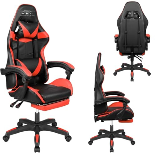 A.M.C. Sedia da Gaming Reclinabile, Poltrona Ufficio girevole, con rotelle, ergonomica, poggiatesta e cuscino lombare, Portata: 125kg (ROSSO)