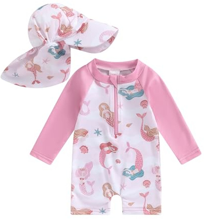 LYSINK Toddler Baby Girl Swimsuit Set One Piece Long Sleeve Zip Up Rash Guard Swimwear Sun Protection with Hat 2Pcs Bathing Suit (Bb Pink, 3-6 Months)