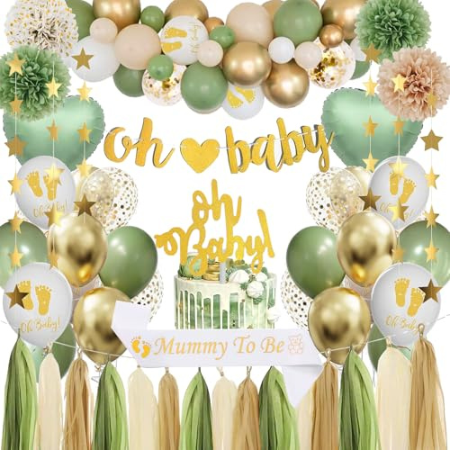 Decoración Baby Shower Niño Niña, Decoración Bautismo Verde Dorado con Globos Baby Shower, Bandera Oh Baby y Banda Futura Mamá para Decoración Fiesta Revelación Género