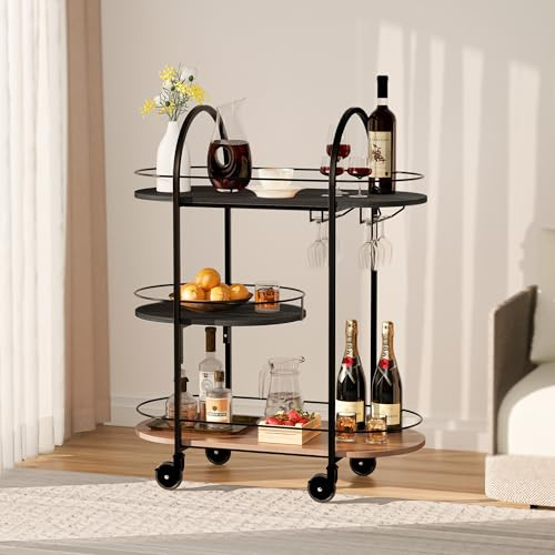 DAWNYIELD 3-Tier Oval Mobile Bar Serving Cart, Drinks Trolley on Lockable Wheels with Glass Holder, Rolling Storage Trolley for Kitchen Living Room Party Home Bar, Black