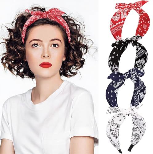 4 stycken breda pannband, paisley, rosett, hårband, dam, huvudband, vintage med knutar, rockabilly-hårband, turban, elastiskt hårband, halksäkra hårsmycken, hårtillbehör för kvinnor flickor
