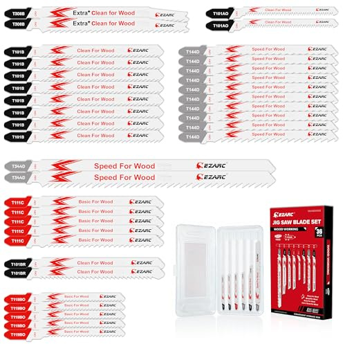 EZARC Lot de 36 lames de scie sauteuse pour la coupe du bois, assortiment de lames de scie sauteuse à tige en T avec étui de rangement, coupes courbes rapides et lisses pour le travail du bois