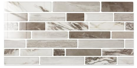 Commomy 12 Piezas Azulejos Adhesivos Cocina Baño, 15 x 30 cm, Pegatinas de Baldosas Adhesivas Pared Autoadhesivos, Mármol Gris Marrón, Impermeables, para Salpicaderos Decoración de Interiores
