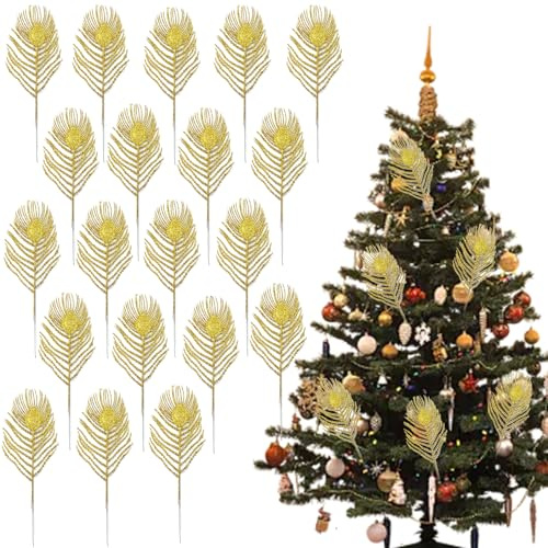 20PCS Gold Glitter Christmas Tree Decoration Artificial Peacock Feather Decor - Premium Artificial Realistic Peacock Plumes with Bendable Stem for Christmas Tree, Wedding Centerpieces Decorations