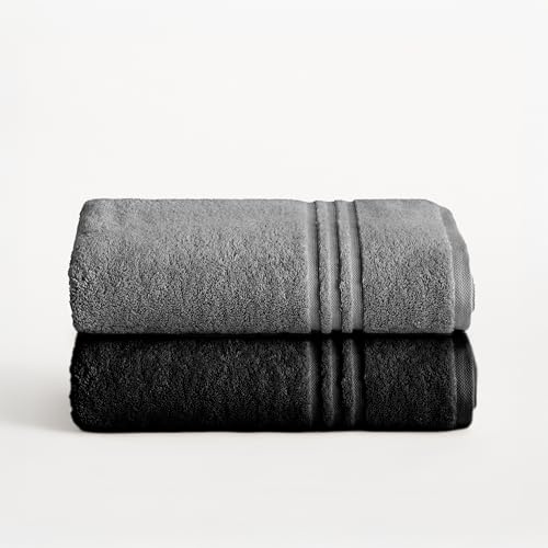 BOHEME | Juego de 2 Toallas Bicolor de Baño Grande Premium 700 g/m² | Gris Perla y Negro | 2 (100x150) | 100% Algodón Suave y Absorbente| Secado Rápido | Lavables a Máquina | Uso Diario