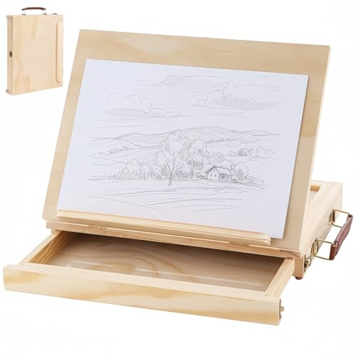 Artist Drawing Board, Solid Wood Foldable Drawing Board with Storage Drawer | 13.19 x 19.69 x 2.56 in Adjustable Sketchbox Easel Table Easel for Painting Easels, Desk Easel for Painting Crafting Display