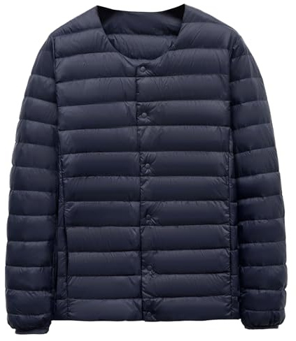 Mens Lightweight Down Jacket Collarless Quilted Puffer Coat Warm Packable Inner Liner Water-Resistant Winter Jacket Navy Blue Large