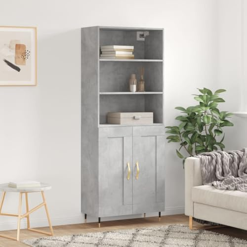 QUAHEAS Highboard betonggrå trämaterial 69,5 x 34 x 180 cm skänk med förvaringsutrymme metallfötter för vardagsrum matsal köksbuffé och förvaring