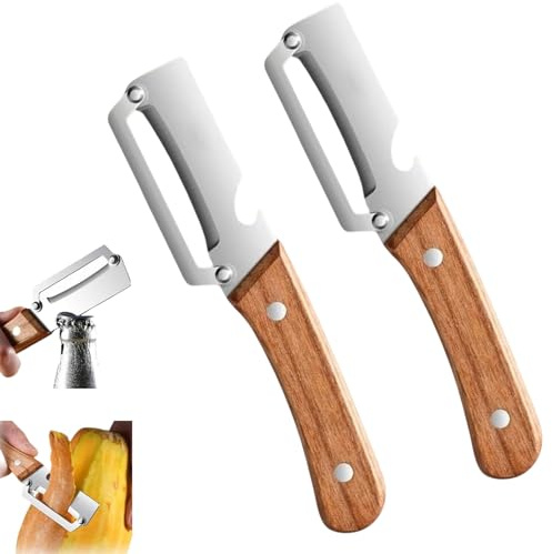Pelador de verduras multifuncional para cocina (2 unidades) — Cuchillas de acero inoxidable, pelador tipo juliana con abridor de botellas, para pelar, frutas y verduras con facilidad. (wooden)