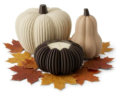 T&ASelect Juego de Decoración Otoñal Japandi de 3 Piezas, Decoración Moderna de Calabaza con Portavelas, Estilo Escandinavo Minimalista para Salón y Comedor, Colores Naturales Sin Vela