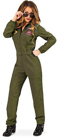 KarnevalsTeufel Kampfpilotin Overall in Olivegrün für Frauen inkl. Brille (38)