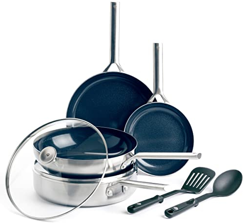 Blue Diamond Cookware Triple Steel Edelstahl Diamantverstärkte Keramik Antihaft 7-teiliges Kochgeschirr-Set, Bratpfanne,Schmorpfannef, PFAS-frei,Mehrschichtig,Induktion,Spülmaschinen & Ofenfest,Silber
