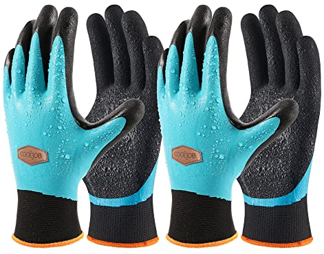 COOLJOB Wasserdichte Gartenhandschuhe, Double Latex beschichtet Arbeitshandschuhe für Garten Hof im Freien arbeiten, Schwarz & Blau (2 Paare S)