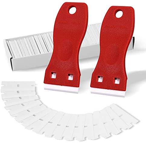 FOSHIO 2PCS Plastic Razor Blade Scraper Tool and 100PCS Plastic Blades for Gasket Remover, Sticker Remover, Labels Decal and Adhesive Remover for Windows and Glass (Red)