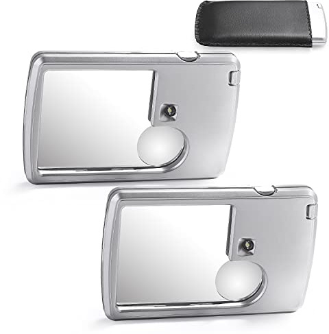 Amoper 2 Pieces 3X 6X Pocket Magnifying Glass with Light, Card Type Magnifying Portable Glasses Lighted Magnifier for Reading Jewelry Menu Travel Contracts Home (Sliver)
