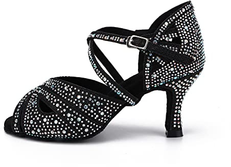Syrads Scarpe da Ballo Donna Latine da Sala da Ballo Sociale per Feste da Sera, Nero, Tacco 7.5cm, 37 EU