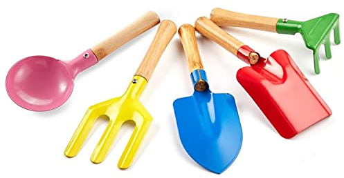 Kids Gardening Tools Set, 5PCS Gardening Tools for Kids Metal with Sturdy Wooden Handle Safe Gardening Tools 8 Children Beach Sandbox Toy
