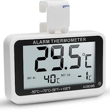 Pitasha Termometro per frigorifero termometro digitale per congelatore (da -58°F a 158°F), termometro con allarme e funzione di registrazione massima/minima con gancio (A0909C)