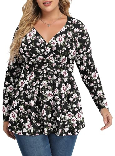 TIANZHU Plus Size Long Sleeve Blouse Elegant Floral Wrap Shirt V-Neck Empire Waist Cute Tunic for Women Casual and Work, F Pink Black, 3XL