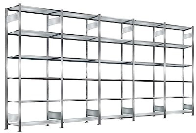 Steckregal, verzinkt, Breite 5 m, Höhe 2,5 m, Tiefe 0,8 m, 6 Böden, Fachlast 330 kg, beidseitig