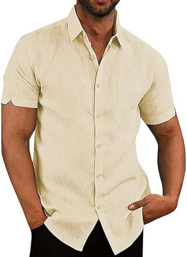 Friptspyg Uomo Camicia Lino Cotone a Maniche Corte vestibilità Regolare Casual Camicie Estive con Tasca, Beige L