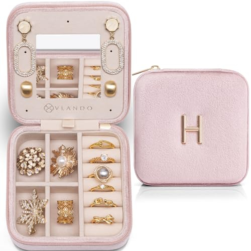 VLANDO Jewelry Case for Girls Womens Fashion, Pink Jewelry Box Travel Must Haves, Jewelry Box for Girls, Small Travel Jewelry Case Birthday Gifts for Travel Gifts for Women - Letter H, Pink