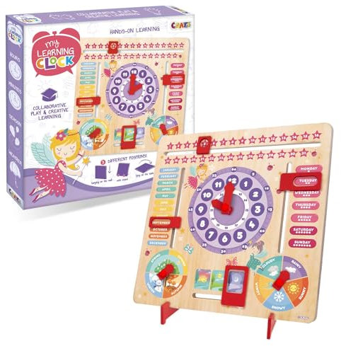 CRAZE My Learning Clock Princess ENGLISCHE SPRACHE - Lernuhr Kinder Holz, Kalenderuhr zum Lernen für Kinder, Lerntafel Uhr Jahreszeiten Wanduhr