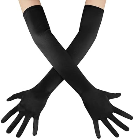 OWITER Långa armbågshandskar brud satin handskar 1920-talet opera kväll fest dans balhandskar, Svart, en storlek