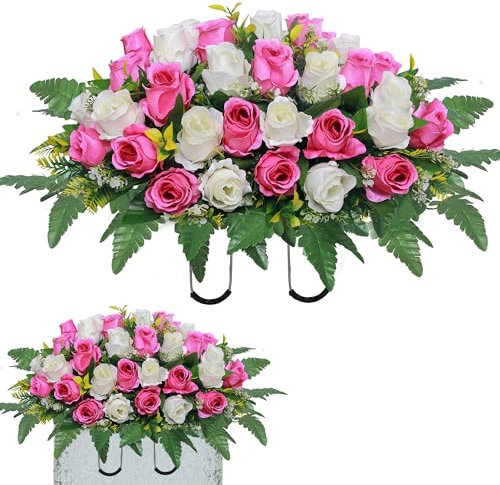 Lodou Artificial Cemetery Flower Saddles, Rose Headstone Flower Saddle Outdoor Grave Decorations,Cemetery Memorial Flowers with Vase for Grave Tombstone Decorations (Pink)