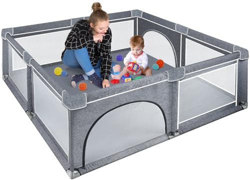 Kidsgigglz Laufstall 127x127cm, 300D Oxford Gewebe Laufgitter Baby Playpen Kinderzaun, Stabile Gitter Mit Weichem Atmungsaktivem Netz, Grau