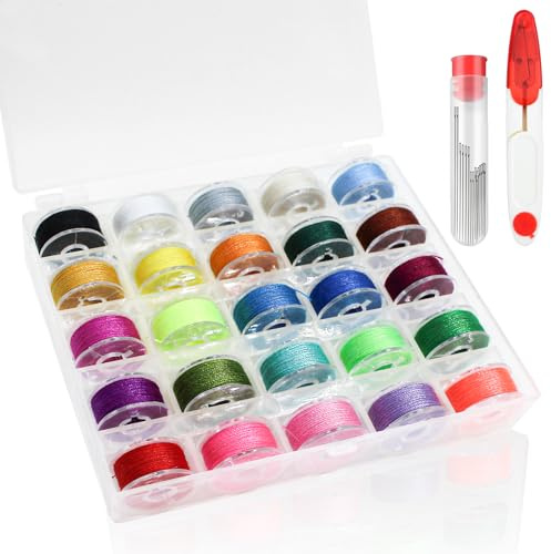 MirraSwit 25 Colori Filo per Cucire, Spolette e Bobine per Cucito, Fili Cerati Colorati, Bobine Poliestere per Macchina da Cucire e Tagliacuci, con forbici per Cucire a Macchina e a Mano