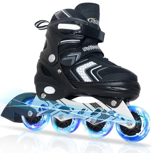 Nattork Inline Skates for Boys Girls with Full Light up Wheels, Adjustable Beginner Roller Skates for Kids Youth Black Age 6-12