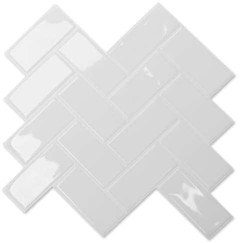 Art3d självhäftande kakelplattor 3D fiskbensmönster extra tjocka vit | 10 st 30 x 30 cm, 2 mm | Vattentät, blank | För kök, badrum och vardagsrum | Montering utan lim