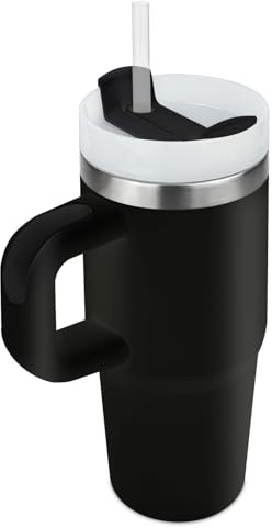 14 oz tumbler med handtag och halm, termosmugg med sugrör barntumbler med lock och halm, 304 rostfritt stål barn tumbler, skola sport utomhus (svart)