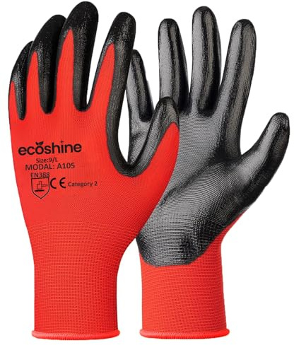 Ecoshine Supplies 24 Pairs work Gloves Red Nitrile Coated Gloves, Heavy Duty Non-Slip Grip for Building and Gardening Warehouse Gloves PREMIUM Quality (X-Large/10)
