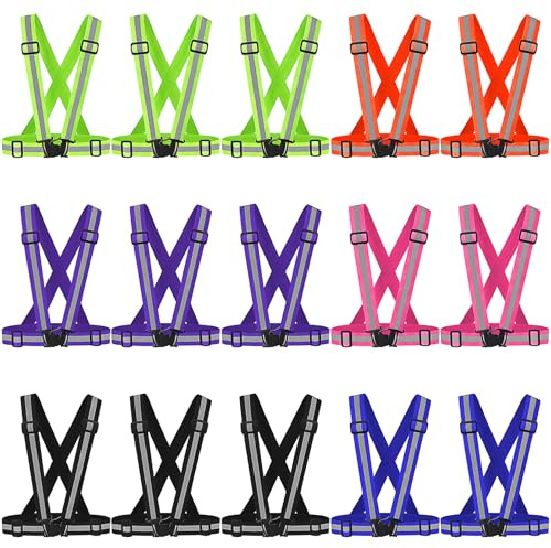 YFNVH 15 Pack Reflective Vest Running Gear, Adjustable Hi Vis Vest Bulk, High Visibility Safety Belt Straps Night Walking Accessories for Cycling Running Outdoor Men Women, 6 Colours